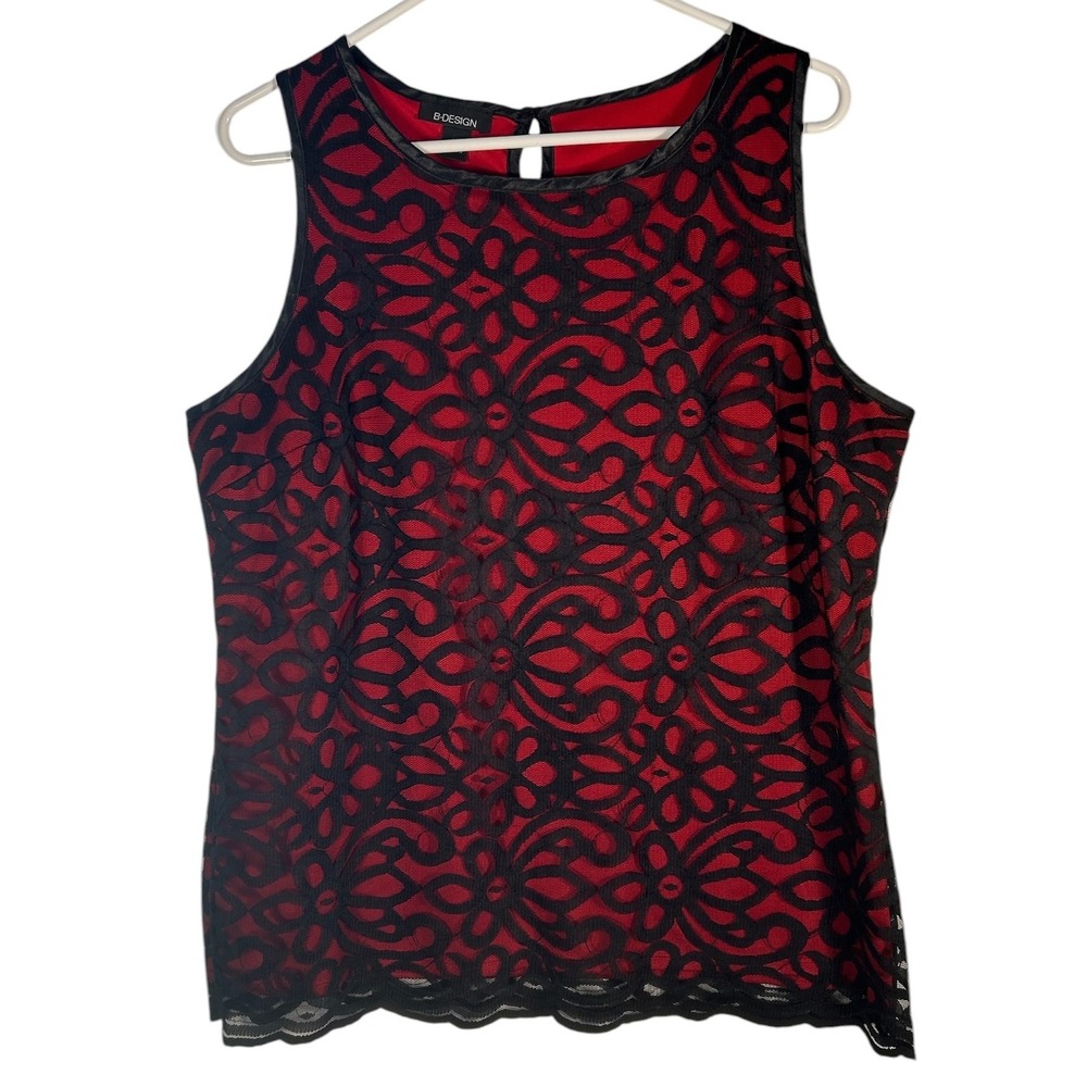B-Design Womens XL Red Black Lace Overlay Sleeveless Blouse Scalloped Hem Top